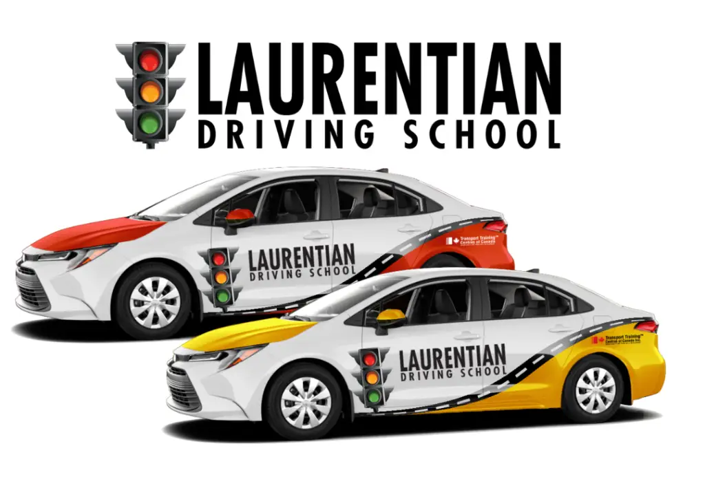 Photo of two cars with the Laurentian Driving School Logo